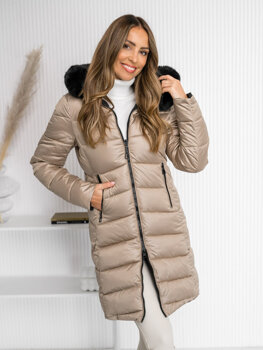 Béžová dámská oboustranná dlouhá prošívaná zimní bunda s kapucí Bolf B8202