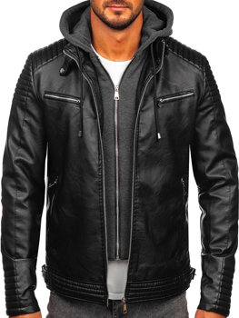 Černý pánský koženkový křivák bunda s kapucí Bolf 11Z8063