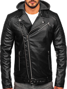 Černý pánský koženkový křivák bunda s kapucí biker Bolf 11Z8005