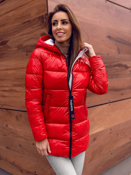 Červená dámská prošívaná zimní bunda s kapucí Bolf B9545