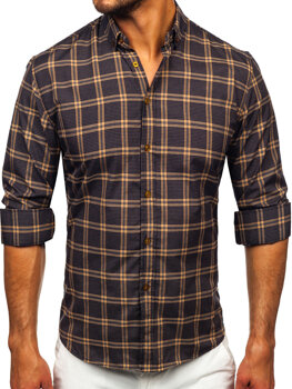 Kamelová pánská kostkovaná košile s dlouhým rukávem Bolf 22749