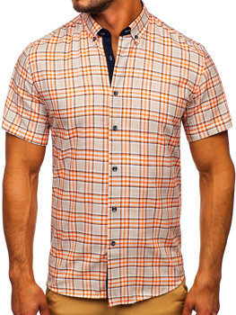 Oranžová pánská kostkovaná košile s kratkým rukávem Bolf 201501