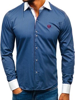 Tmavě modrá elegantní pánská proužkovaná košile s dlouhým rukávem Bolf 4784-A