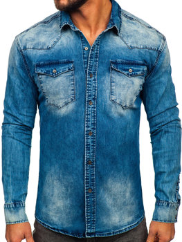 Tmavě modrá pánská džínová košile s dlouhým rukávem Bolf MC710BS