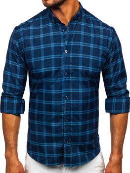 Tmavě modrá pánská kostkovaná košile s dlouhým rukávem Bolf 22749