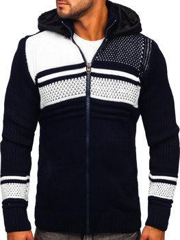 Tmavě modrý silný pánský svetr na zip s kapucí bunda Bolf 2051