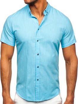Tyrkysová pánská bavlněná košile s krátkým rukávem Bolf 20501