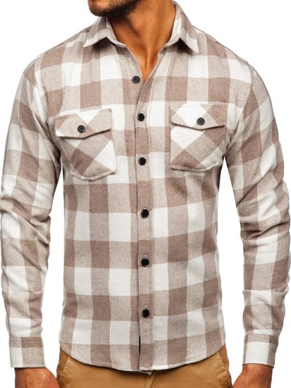 Béžová pánská flanelová košile s dlouhým rukávem Bolf 20723
