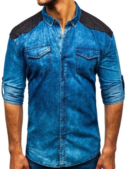 Modrá pánská vzorovaná košile s dlouhým rukávem Bolf 0517