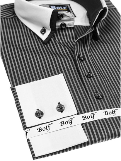 Pánská černá elegantní pruhovaná košile s dlouhým rukávem Bolf 0909