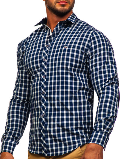 Tmavě modrá pánská elegantní kostkovaná košile s dlouhým rukávem Bolf 4747-1