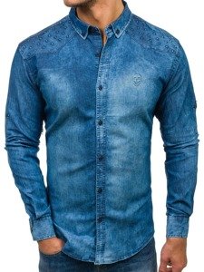 Modrá pánská džínová košile s dlouhým rukávem Bolf 0540-1