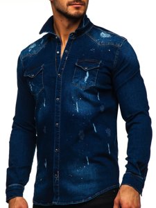 Tmavě modrá pánská džínová košile s dlouhým rukávem Bolf R801